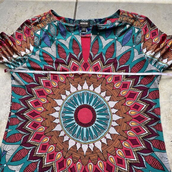 Nicole by Nicole Miller Red Green Bohemian Tropical Tunic 3/4 Sleeve Size Medium - Picture 3 of 6